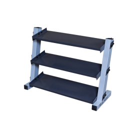 3-Tier Vinyl and Neoprene Dumbbell Shelf Rack | Body-Solid (GDR34) with angled shelves for easy access to dumbbells during workouts is available for sale at IRON COMPANY.