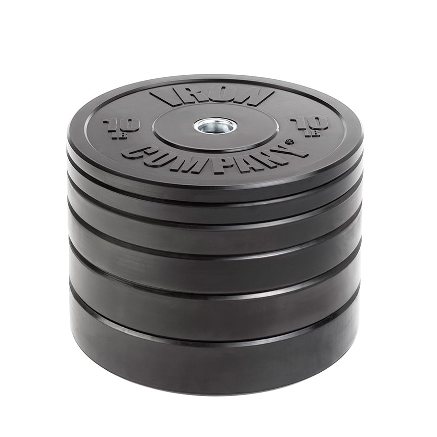 IRON COMPANY solid rubber bumper plates with dead bounce.