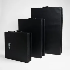 Deluxe Tri-Folding Foam Mats in Three Sizes: 1.5" x 24" x 72", 1.5" x 36" x 72", and 1.5" x 48" x 96", Showcasing Durable Vinyl Covers and Thick Closed-Cell Foam Construction for Versatile Exercise