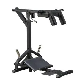 Body Solid GSCL360B Leverage Squat Machine Calf Raise with angled diamond plate foot platform, 3" x 3" steel tubing, and features matte black finish.