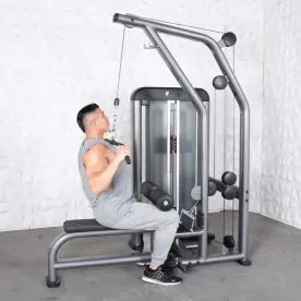 Elite Plus Lat / Low Row Machine Demonstrating the Lat Pulldown Function with Ergonomic Multi-Position Handles for Versatile Back Training