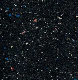 Close-up texture and color composition of Confetti Regrind Recycled Rolled Rubber Flooring, showcasing black rubber with confetti speckles for a durable, camouflaging gym flooring solution.