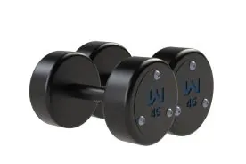 Precision Cerakote Solid Steel Dumbbell Sets - USA Made, Available in Sets of 5 to 50 lbs. or 55 to 100 lbs., Featuring a Durable Cerakote Finish and Laser-Cut End Caps with the Wright Logo.
