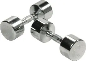 Chrome dumbbells by York Barbell with ergonomically contoured handles and sizes available from 2.5 to 50 lbs.