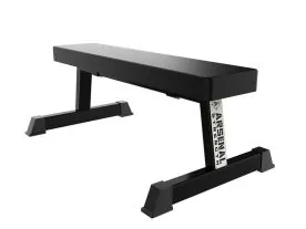 Commercial-Grade Black Flat Bench for Strength Training Featuring Steel Frame, Weight Storage, and Dual Bar Hooks – Arsenal Strength Alpha Flat Bench