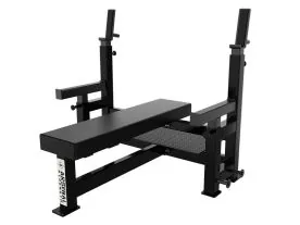 Arsenal Alpha Competition Flat Bench with Face Savers 1042 in Black – Heavy-Duty Bench Press Setup with Grip Pad, Spotter Platform, and Band Pegs for Powerlifting and Strength Training