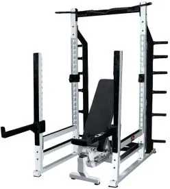 York Barbell Multi-Function Rack in White Frame Featuring Pull-Up Bar with V-Angle Grip, Barbell Holders, and Scuff-Resistant Weight Plate Pegs. Bench and Reverse Safety Spot Arms Not Included