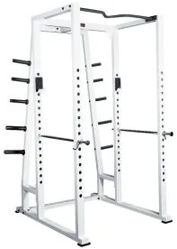 York Barbell ST Power Rack with Integrated Weight Plate Storage Shown in White Frame