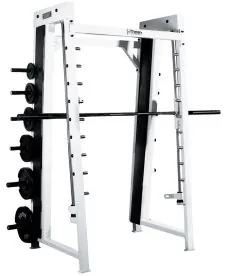 York Barbell ST Counter-Balanced Smith Machine in White Frame, Showing Linear Bearing Guide Rods, Angled Bar Path, and Walk-Through Design. Plates Not Included