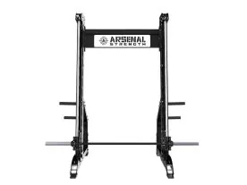 Black Arsenal Strength Alpha Smith Machine 9016 with 0 or 7-Degree Bar Path, Featuring Walk-Through Design and Olympic Plate Storage in a Commercial Gym Setting
