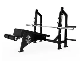 Black Arsenal Alpha Olympic Decline Bench 9023 with Integrated Weight Horns and Walk-Through Spotter Stand for Commercial Gyms