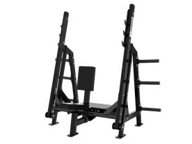 Black Arsenal Alpha Olympic Military Bench with Breaker Arms 9064 – Showing Spotter Platform and Olympic Plate Storage