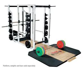 York Triple Combo Power Rack Showing Integrated Power Rack, Half Rack, and Functional Training Station with Weight Storage and Pull-Up Bars. Platform, Weights, Collars, Bench, Ramp, and Bars Not Included