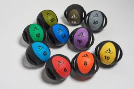 Aeromat Dual Grip Power Medicine Balls are Color Coded by Size from 6-30 lbs., Have a 9" Diameter and Dual Grip Handles for a Variety of Exercises Including Abdominal Training