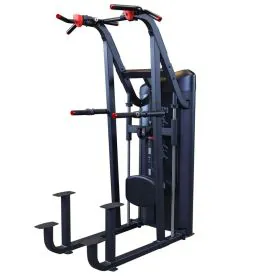 Body-Solid Pro ClubLine Series II S2ACDX Weight-Assisted Chin and Dip Machine Showing Adjustable Dip Handles, Stair-Step Access, and Pull-Up Bars
