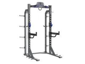 BodyCraft EXP CHR Half Rack Featuring Heavy-Duty 11-Gauge Steel, Adjustable Safety Spotters, and Blue Aluminum Accents