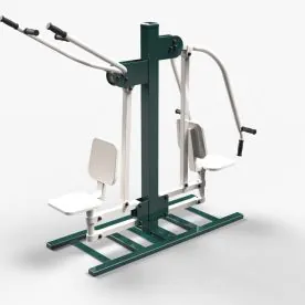 Green TriActive USA Combo Press & Pull Outdoor Fitness Machine Featuring Dual Stations for Seated Chest Press and Lat Pull, Shown in a Weather-Resistant Steel Design for Park Installations