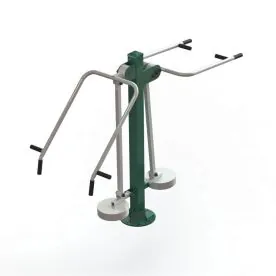 Green Accessible Outdoor Combo Press-and-Pull Machine by TriActive USA, Featuring Dual Open Access Areas for Wheelchair Users with Independent Chest Press and Lat Pull Stations