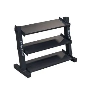 Body Solid GDR34 3-Tier Vinyl and Neoprene Dumbbell Shelf Rack in new matte black finish with angled shelves for easy access to dumbbells during workouts is available for sale at IRON COMPANY.