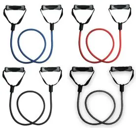 Grizzly Fitness Resistance Cables Showing All Four Resistance Levels: Medium, Heavy, Super Heavy, and Intense