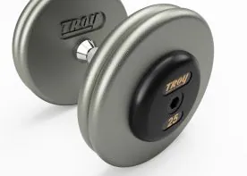 Troy Barbell HFD-R Pro-Style Dumbbells with Hammertone Cast Iron Weight Plates, Straight Chrome Handles, and Rubber End Caps available for sale at IRON COMPANY.