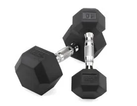 Rubber Hex Dumbbells showcasing high-grade virgin rubber construction and hexagonal design for stability are perfect for garage gyms and cross-training facilities and are available for sale at IRON COMPANY.