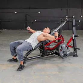 Muscle D Fitness Power Leverage V2 Decline Chest Fly Machine in Action, Demonstrating Superior Range of Motion for Chest Isolation Exercises. Weight Plates Not Included