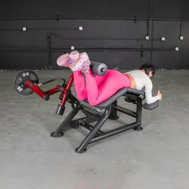 Power Leverage V2 Prone Leg Curl by Muscle D Fitness, Showcasing its Robust 11-Gauge Steel Frame and Integrated Weight Plate Storage. Weight Plates Not Included