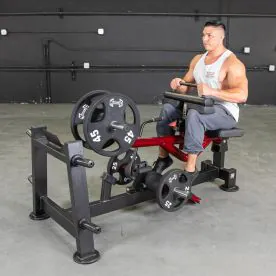 Power Leverage V2 Seated Calf / Tib Machine, Highlighting the Integrated Plate Storage and Compact Design for Gym Spaces. Weight Plates Not Included