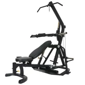 A Sleek Black Powertec WB-LS Leverage Gym Featuring Isolateral Arms and an Adjustable Bench for Full-Body Strength Training