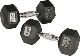 York Barbell Rubber Hex Dumbbell Set with Durable Rubber Coating and Ergonomic Handles for Commercial and Home Gyms.