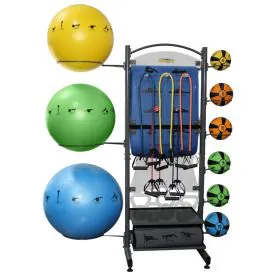 Prism Fitness Group Self-Guided SMART Commercial Fitness Package - Deluxe in Multicolor Scheme, Showcasing Vibrant Medicine balls, Stability balls, Resistance bands, Exercise Mats, and a Compact Storage Rack with Printed Workout Guides for Diverse Fitness