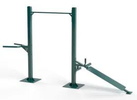 Green TriActive USA Modular Series Unit #3 Featuring a Dip Station, Pull-Up Bar, and Incline Sit-Up Bench, Designed for Outdoor Commercial Fitness Spaces. Features Durable Steel Construction and Weather-Resistant Finish