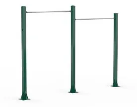 TriActive USA Double Horizontal Bar in Green, Featuring Two Elevated Pull-Up Bars Supported by Four Heavy-Duty Outdoor Steel Posts