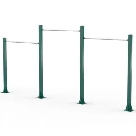 TriActive USA Tri-Level Horizontal Bar in Green Finish, Featuring Three Pull-Up Bar Heights Mounted on Four Vertical Posts for Outdoor Fitness Use