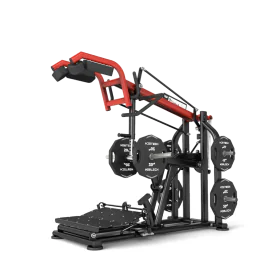Plate Loaded Pro Strength Squat / Calf Combo (Front & Back Squat) Machine | Muscle D Fitness (PL-PS-SCC) simulates front and back barbell squats and provides an elevated foot platform for performing calf raises available for sale at IRON COMPANY.