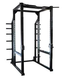 York Barbell ST Power Cage with Hook Plates in Black Finish, Showing Double Bar Holders, Weight Storage Pegs, Interior Safety Spot Arms, and Combo Grip Pull-Up Bar