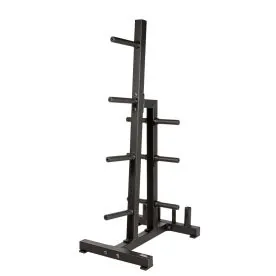 Single-Sided Bumper Plate Tree with Multiple Weight Storage Pegs and Integrated Olympic Bar Holders