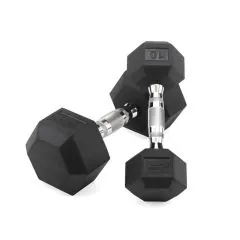 Rubber Hex Dumbbells showcasing high-grade virgin rubber construction and hexagonal design for stability are perfect for garage gyms and cross-training facilities and are available for sale at IRON COMPANY.