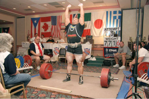 World champion powerlifter Kirk Karwoski psyching up for a big deadlift at a powerlifting meet.