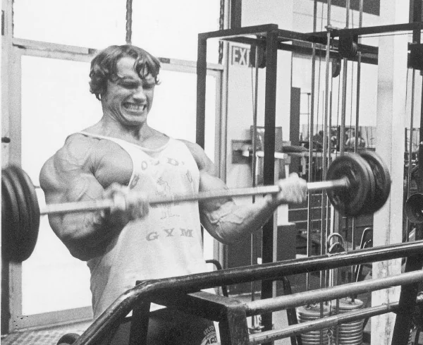 Arnold Schwarzenegger performing a barbell biceps curl