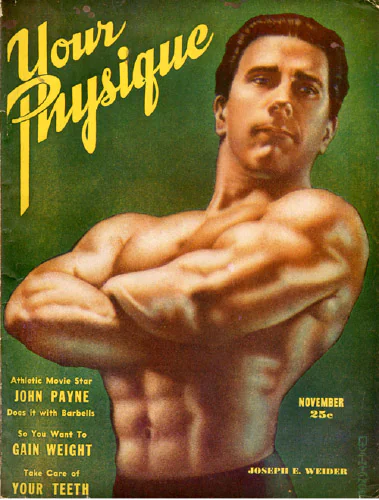 Vintage bodybuilder flexing arms and abs in physique photo