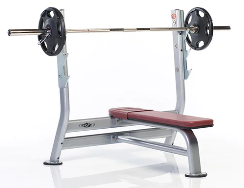 Olympic bench press setup with Olympic barbell and weight plates designed for strength training and chest development.
