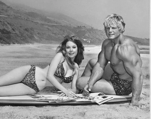 Fitness model Betty Weider and bodybuilder Dave Draper Betty Weider and Dave Draper employed by Joe Weider shown on a southern California beach.