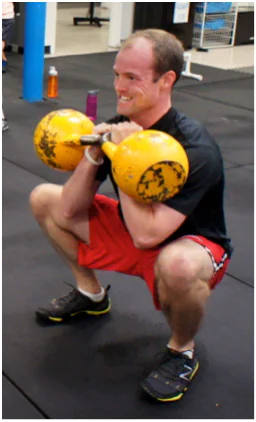 Deep double kettlebell squat with upright torso