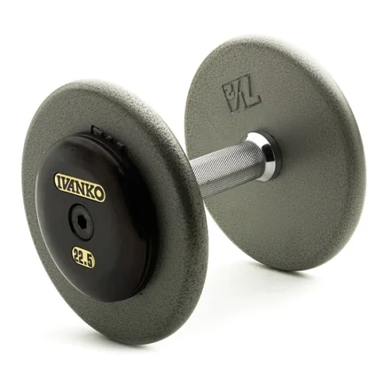 Ivanko pro-style dumbbells with chrome handles, cast iron plates and steel end caps.