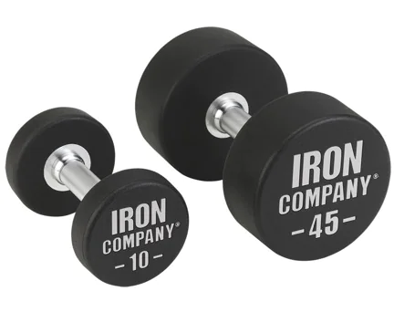 IRON COMPANY urethane coated solid steel dumbbell sets for hardcore use in commercial gyms and clubs.