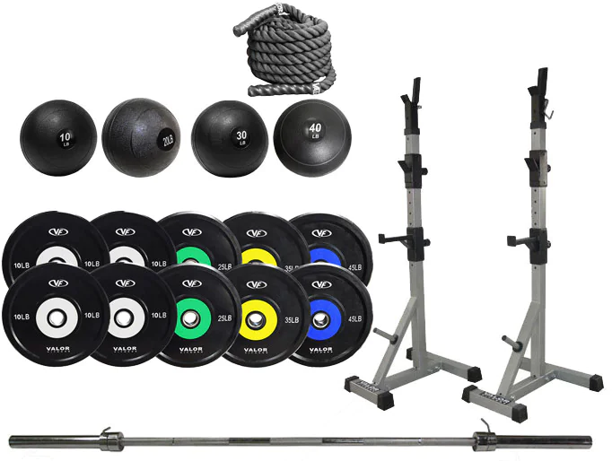 Garage gym equipment package with rack, bench and weights