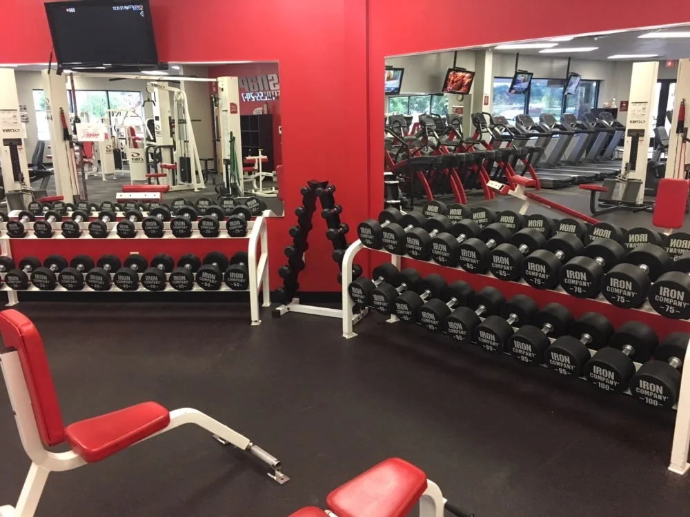 IRON COMPANY dumbbells in a gym free weight area