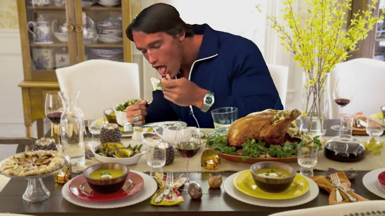 Arnold Schwarzenegger eating during his Mr. Olympia years